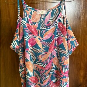 Pink Rose Blue Sleeveless Cold-Shoulder Tropical Top